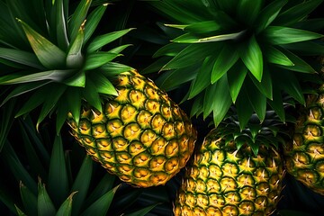 Poster - Sliced and half of Pineapple(Ananas comosus) on wooden table with blurred garden background.Sweet, and juicy taste Have a lot of fiber,vitamins C and minerals  or healthcare concept , generative ai