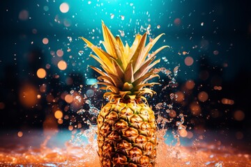 Poster - Sliced and half of Pineapple(Ananas comosus) on wooden table with blurred garden background.Sweet, and juicy taste Have a lot of fiber,vitamins C and minerals  or healthcare concept , generative ai