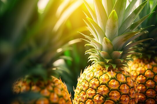 Sliced and half of Pineapple(Ananas comosus) on wooden table with blurred garden background.Sweet, and juicy taste Have a lot of fiber,vitamins C and minerals  or healthcare concept , generative ai