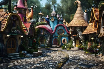 whimsical fantasy village with colorful cobblestone streets and storybook homes