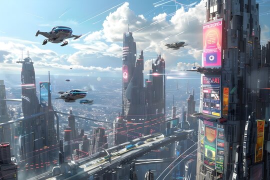 Ambitious Futuristic Metropolis with Hovering Vehicles and Holographic Billboards