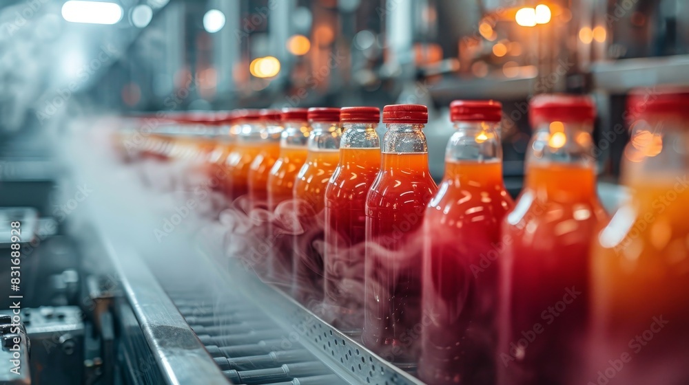 Focused view of juice bottles being sealed, steam rising from the heat ...