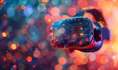 Leinwandbilder - Advanced virtual reality headset for machine learning simulations, set against a colorful, blurred background with bokeh effects, highlighting detailed digital elements