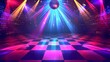 © MyBackground - disco dance floor with a checkered pattern and a glittering disco ball hanging overhead