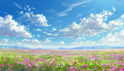 Wall Mural - expansive field of pink cosmos flowers under blue sky spring landscape panorama digital painting