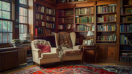 Wall Mural - A cozy reading room with a large bookcase and a comfortable chair