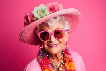 Wall Mural - image of a beautiful and elegant old influencer woman. Cool grandmother posing in studio wearing fashionable clothes. Happy senior lady celebrating and making party. Concept about seniority