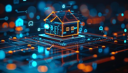 Aufkleber - Smart home setup with AI-driven devices, featuring a holographic house and glowing blue and orange elements, showcasing advanced technology