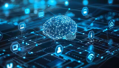 Aufkleber - Digital brain connected to a network of IoT devices, with blue tones and digital lines, showcasing advanced AI technology