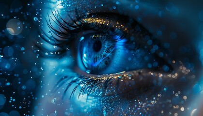 Aufkleber - AI eye analyzing data in a rain of binary code, with close-up details and a futuristic background of glowing blue tones