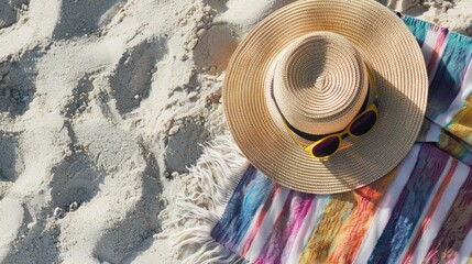 Wall Mural - Top View Of Straw Hat And Sunglasses On Colorful Beach Towel Over Sandy Beach Background. Summer Vacation And Travel Concept.