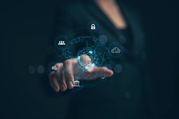 Poster - Network server. Businessman touching virtual screen. Worldwide business network connection concept. Business information collection.