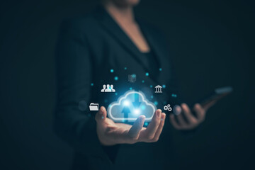 Fototapete - Businessman uses a tablet. Cloud computing disk is displayed on his hand. cloud technology Data storage Concept of internet service network and financial data transfe