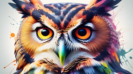 Wall Mural - Abstract animal Owl portrait with colorful double exposure paint, Generative AI