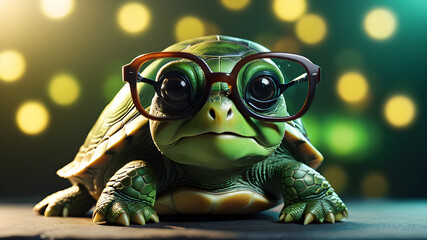 Wall Mural - Cute little green turtle with glasses in front of studio background. Generative AI