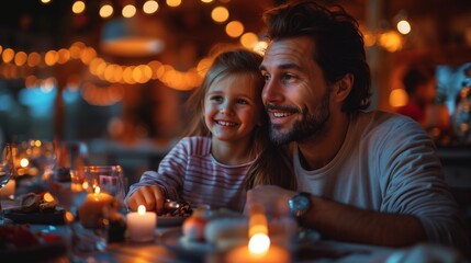 AI generated illustration of Joyful moment of a father and daughter enjoying a meal together at home