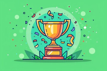 Minimalist line art design featuring a trophy icon with a ribbon and confetti, all isolated on a vibrant green background. Ideal for celebrating achievements and milestones.
