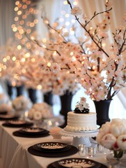 Wall Mural - A black and white themed party table decorated with a cake, flowers and twinkle lights for a wedding or a fancy birthday party. 