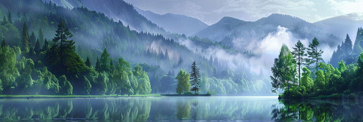 Wall Mural - beautiful forest, lake and mountains in misty landscape, generative AI