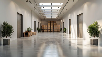 Poster - A large open warehouse with a lot of empty space and a few potted plants. The potted plants are placed in the middle of the room, and there are several boxes stacked against the wall