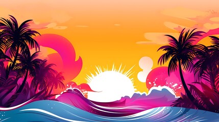 Wall Mural - Banner Summer with colorful theme as palm trees with water wave background