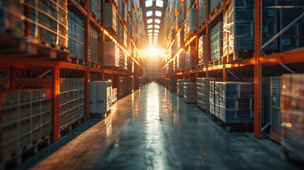 Poster - A warehouse with a lot of boxes and pallets. The boxes are stacked on top of each other and the pallets are on the floor. The warehouse is very large and has a lot of space