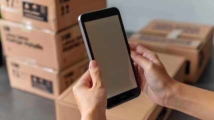 Poster - A person is holding a tablet and looking at a box. The box is on top of a stack of boxes