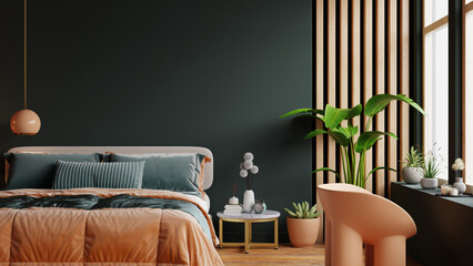 Wall Mural - Mockup dark green wall in bedroom interior- 3D rendering
