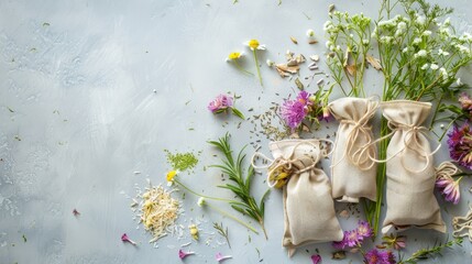 Wall Mural - Lovely arrangement of herbal massage sachets spa items and blossoms on a pale gray surface