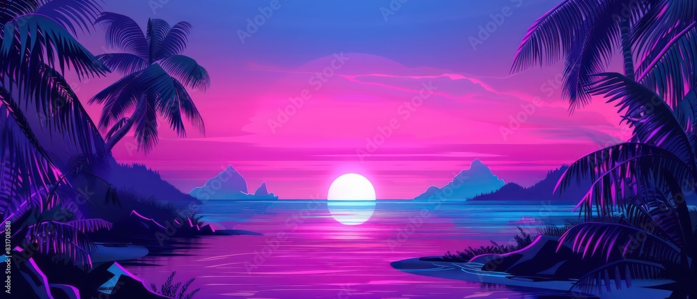 sunset tropical beach illustration withe bold and retro colors Stock ...