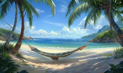 Wall Mural - hammock  a beautiful between two palm trees on a relaxing beach scene and a beautiful endless ocean view