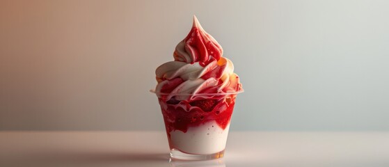 vanilla frozen dessert with strawberry syrup in a transparent cup isolated on a minimal and neutral background