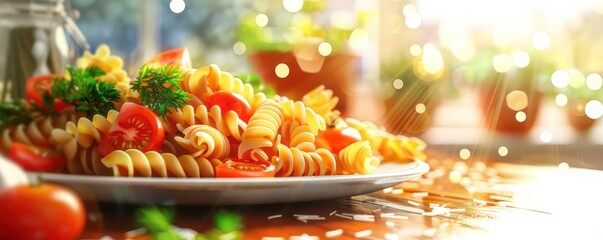 rotini pasta banner flavoured with fresh parmesan cheese, tomatoes, parsley and others healthy ingredients, professional setting