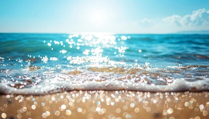 Wall Mural - tropical summer beach with sparkling ocean water and blue sky defocused natural background