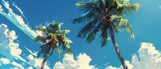 beautiful summer illustration wallpaper with coconut trees and a blue sky in ground level view