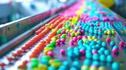 Poster - Close-up on conveyor belt of coated pills, glossy finish, vibrant colors, clear focus