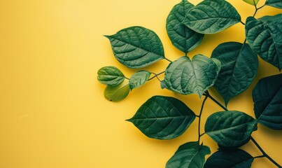 beautiful wallpaper with green leaves on a yellow background, realistic and amazing contrast