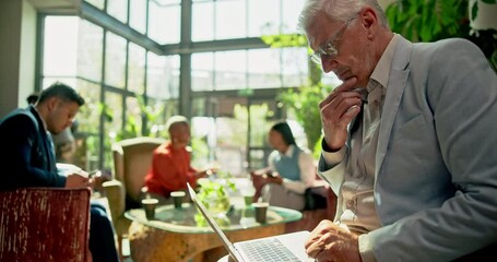 Aufkleber - Laptop, thinking and business people in coworking space of coffee shop for planning or remote work. Computer, corporate and management with mature CEO in cafe for problem solving or research online