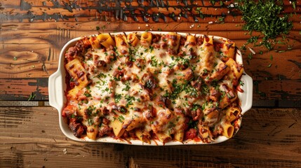 Wall Mural - Large baked pasta filled with meat and cheese displayed on an enamel surface on a wooden table viewed from above in a horizontal orientation