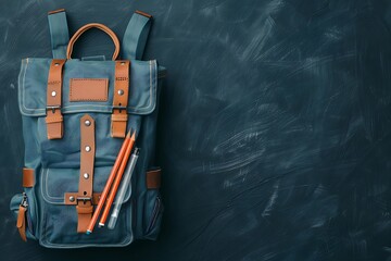 Wall Mural - School bag. Backpack with supplies for school on the background of black blackboard. Copy space for text