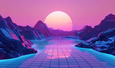 retro wave futuristic landscape wallpaper with digital colors