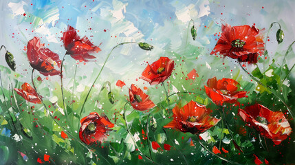 Wall Mural - Summer day in a poppy field captured in an impressionistic oil painting with red and green splashes,