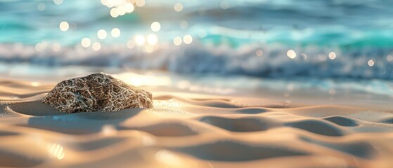 Wall Mural - summer podium made of stone with a tropical beach blurred background, amazing light and atmosphere