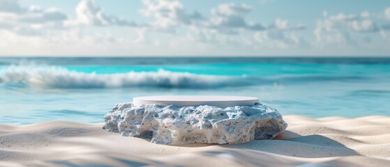 Wall Mural - summer podium made of stone with a tropical beach blurred background, amazing light and atmosphere