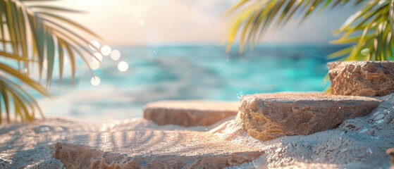 Wall Mural - summer podium made of stone with a tropical beach blurred background, amazing light and atmosphere