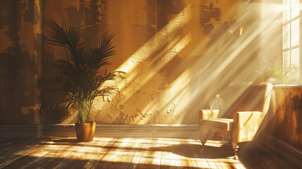 Wall Mural - A vintage ochre room aglow with warmth and charm from gently infused retro sun rays,