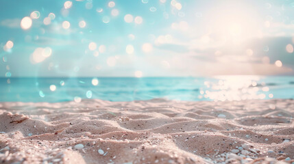 Wall Mural - Serene beach scene, soft sands and gentle blue skies, decorated with sparkling bokeh accents,