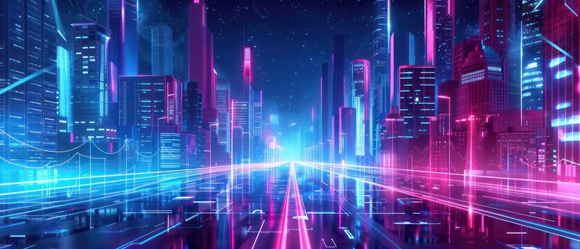 high tech and futuristic low angle illustration of a urban cityscape with modern architecture, amazing perspective and neon light effects