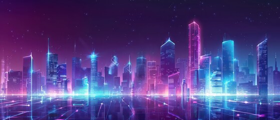 high tech and futuristic low angle illustration of a urban cityscape with modern architecture, amazing perspective and neon light effects