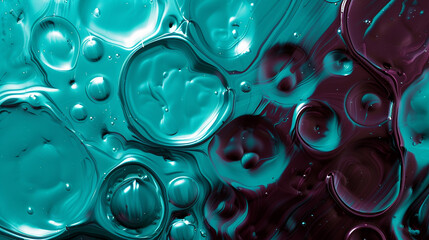 Wall Mural - Textural contrasts in an abstract of glowing turquoise and deep maroon oil drops,